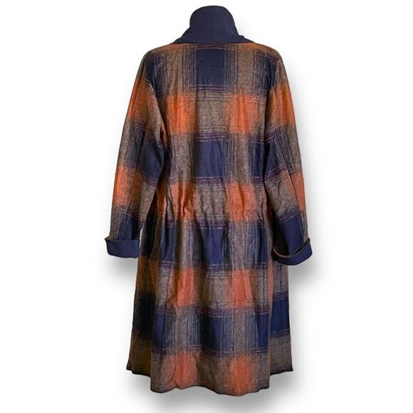 Elemente Clemente Womens Duster Jacket Sz 2 M Blue Brown Wool Plaid Lagenlook - Picture 7 of 9